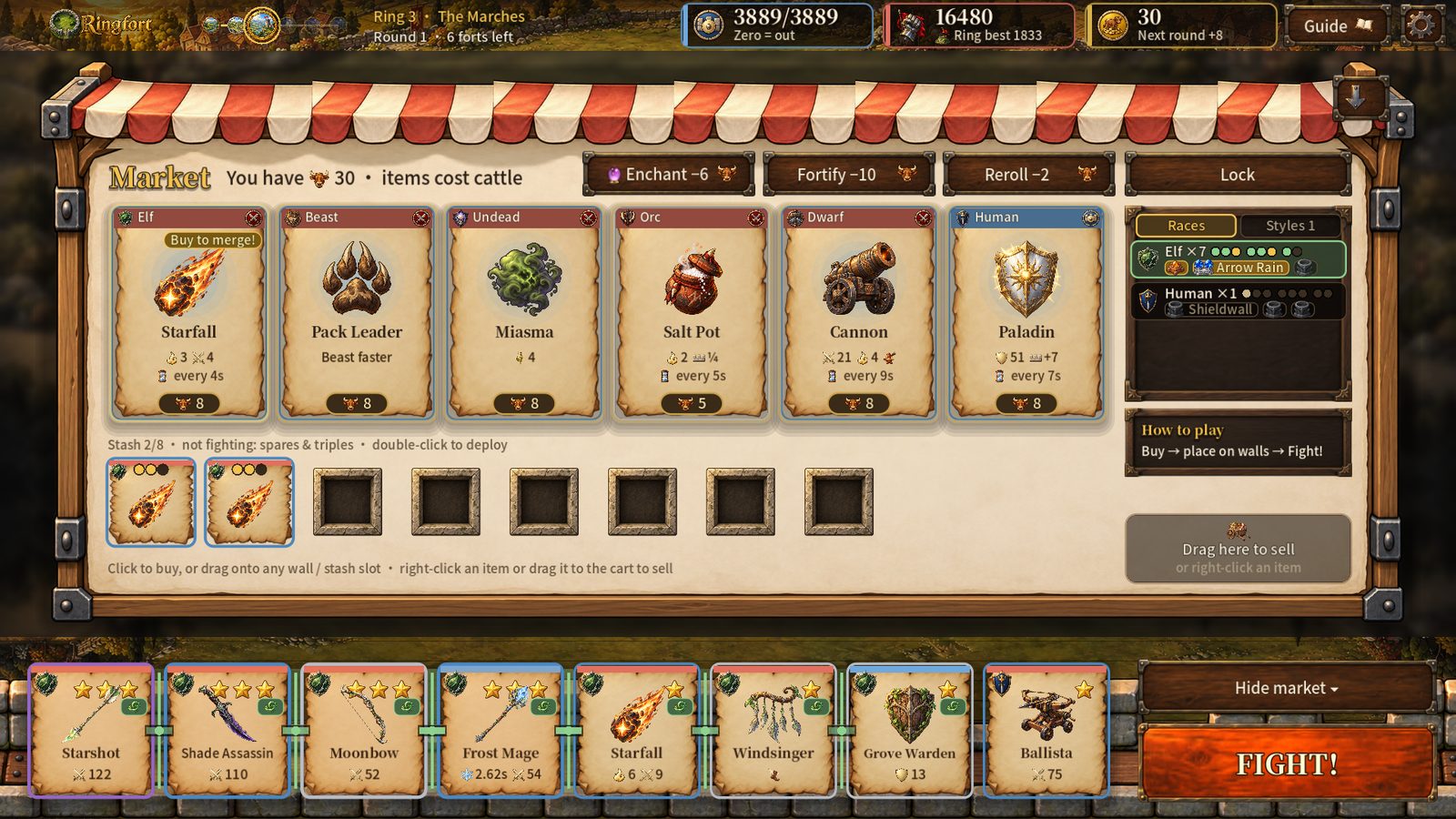 The market: buying items and placing them on the fort’s walls