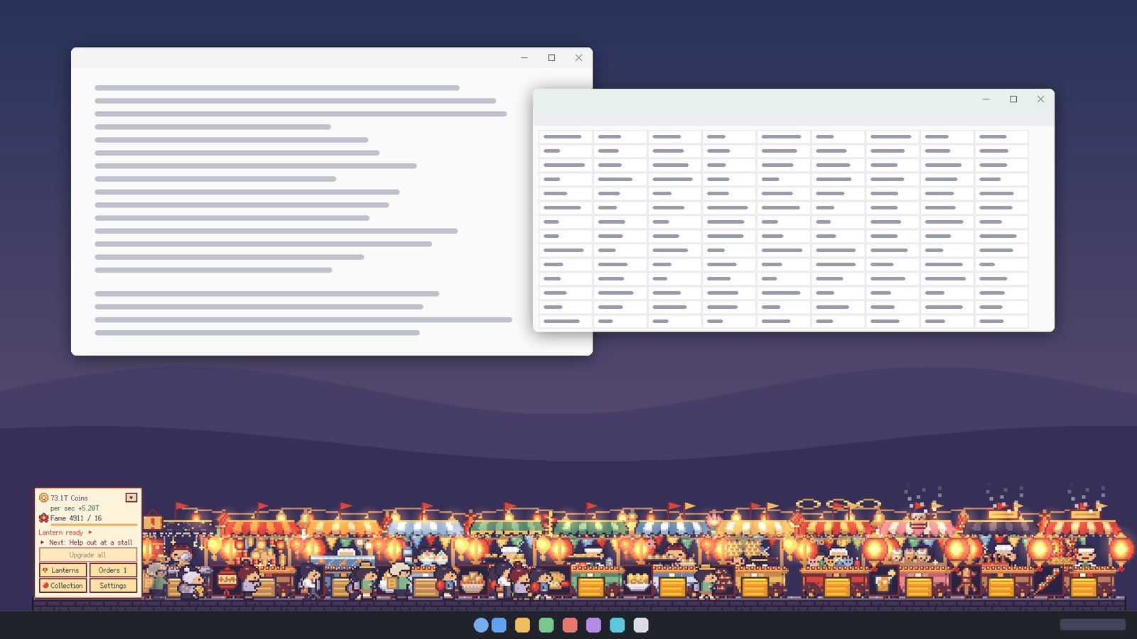 An ordinary work desktop with a glowing pixel night market running along the top of the taskbar
