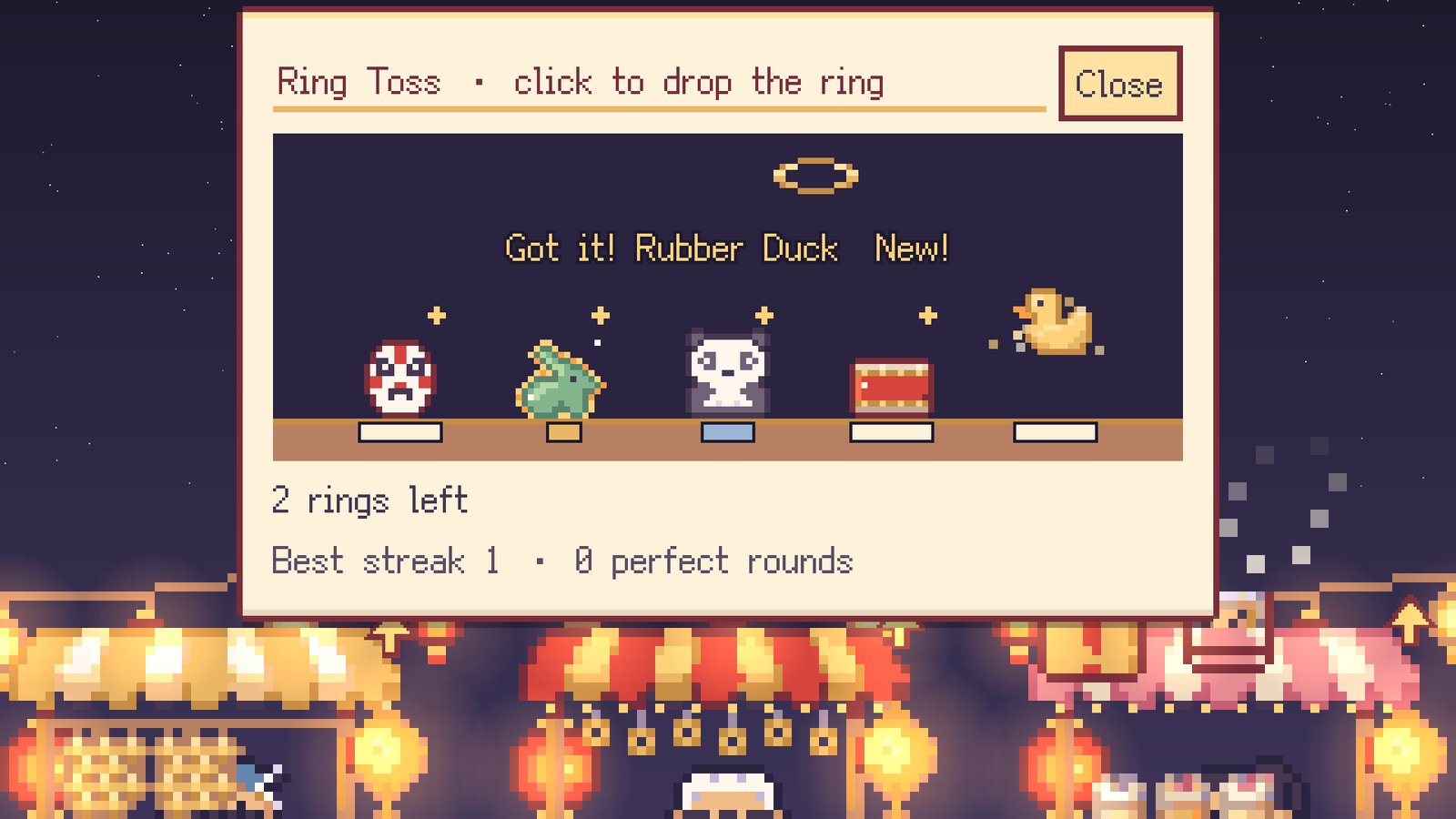 The ring toss minigame: a rubber duck won from the prize shelf