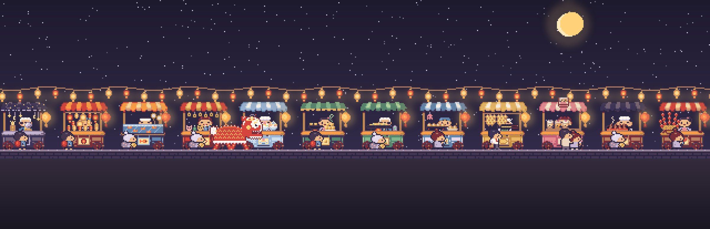 A long row of glowing pixel-art night-market stalls under strings of lanterns and a full moon