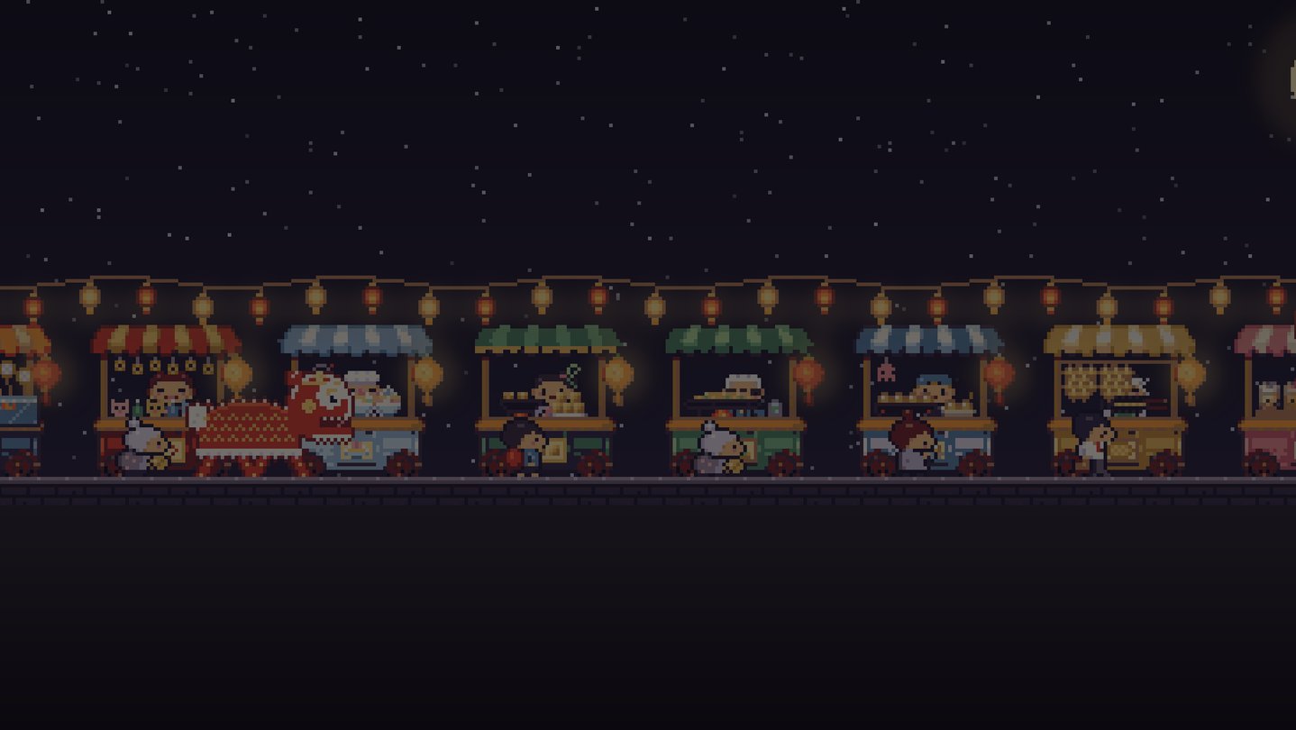 A row of glowing pixel-art night-market stalls under strings of lanterns and a starry sky